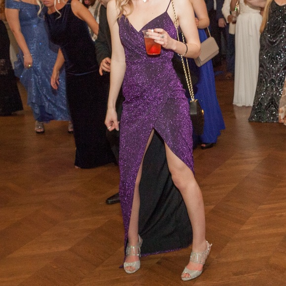 Floor Length Shimmer Purple Gown with Slit - Picture 1 of 5